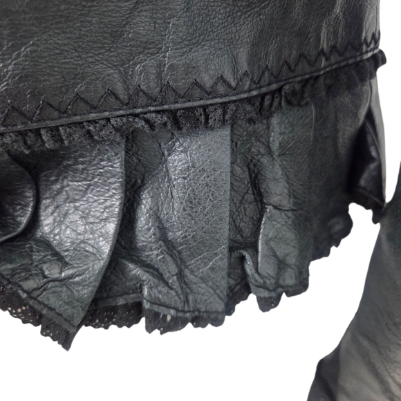 Vintage Y2K Black Leather Jacket Womens Small Ruffle Whimsygoth Romance Coquette - Picture 7 of 12